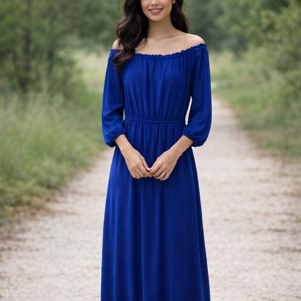 Nine West Dress Maxi Blue 10 Liquid Knit Long Elastic Waist *NO BELT* Elegant